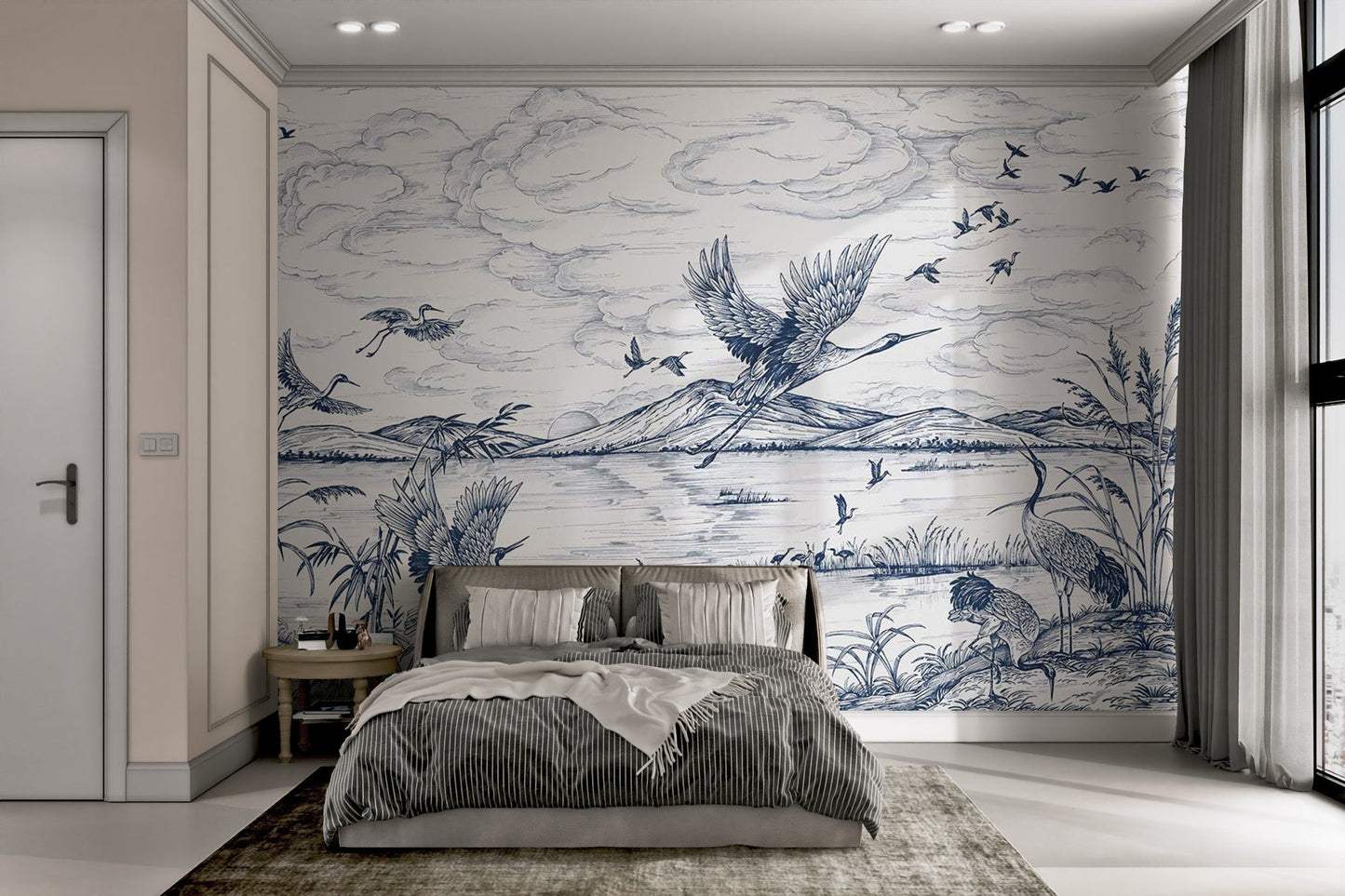 Blue landscape wall mural featuring flying birds for bright bedroom.
