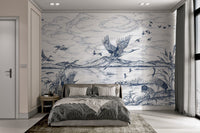 Blue landscape wall mural featuring flying birds for bright bedroom.