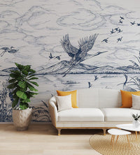 Blue and white mountain and river wall mural with flying birds and lake.