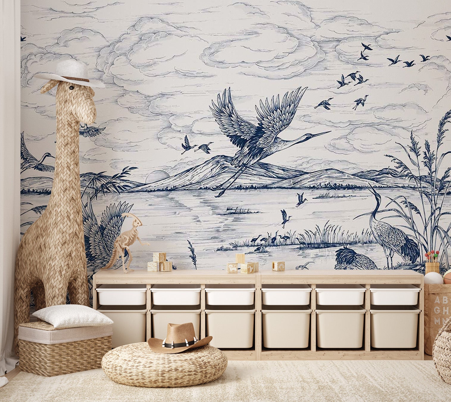 Flying Birds Lakeside Wall Mural showing cloud patterns.