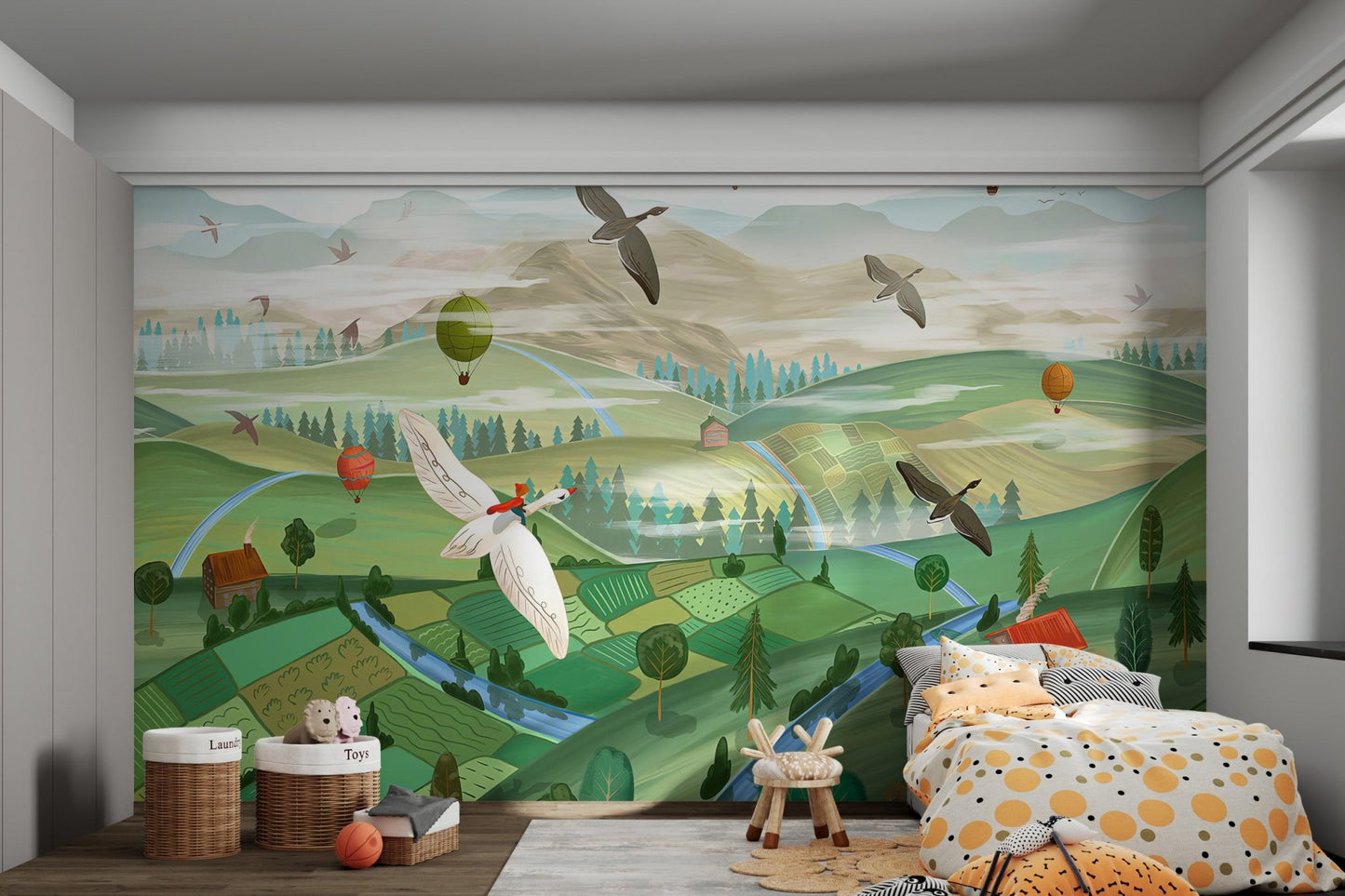 Flying Birds Over Valley Wall Mural with colorful balloons for child's bedroom.