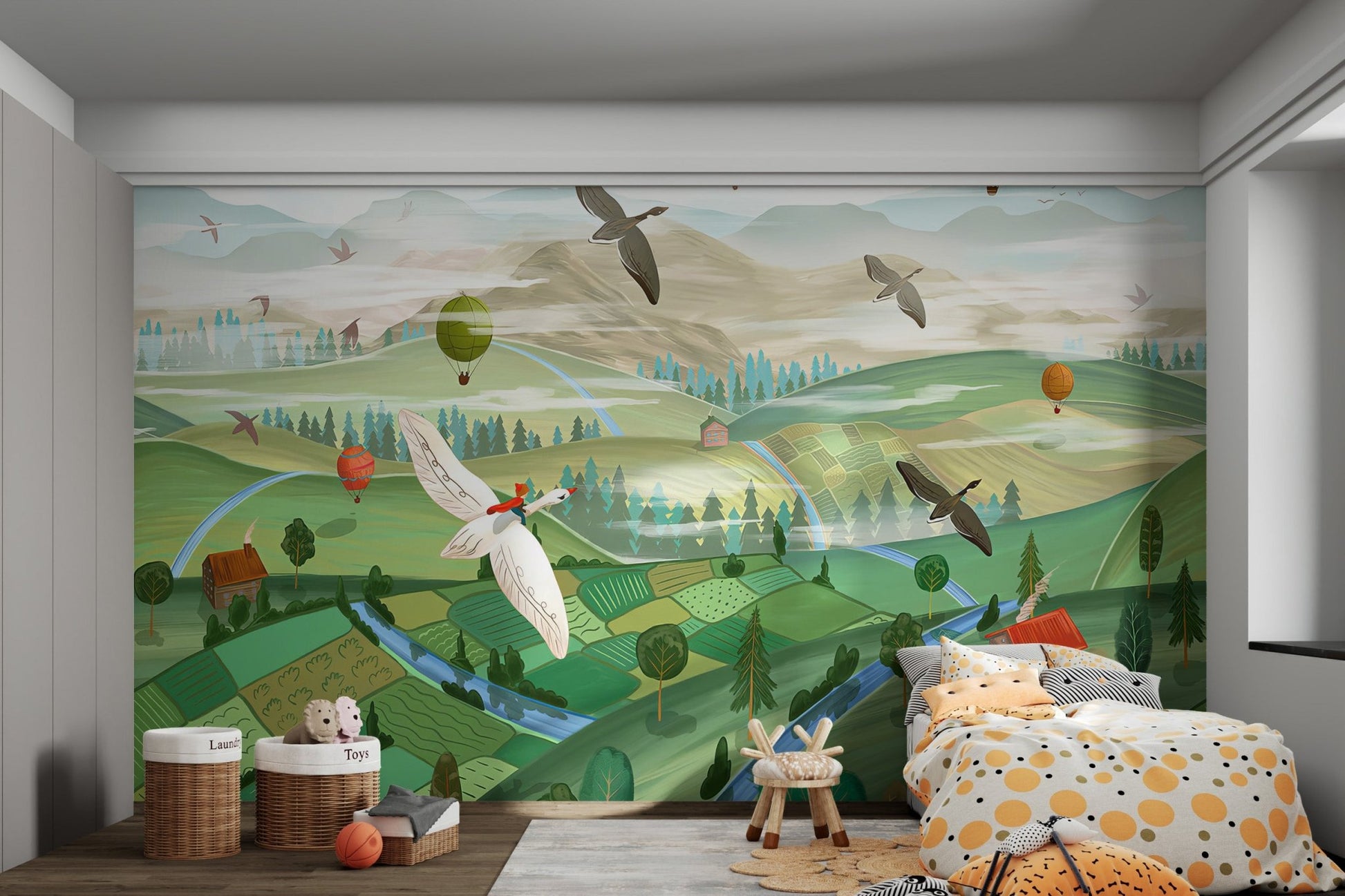 Flying Birds Over Valley Wall Mural with colorful balloons for child's bedroom.