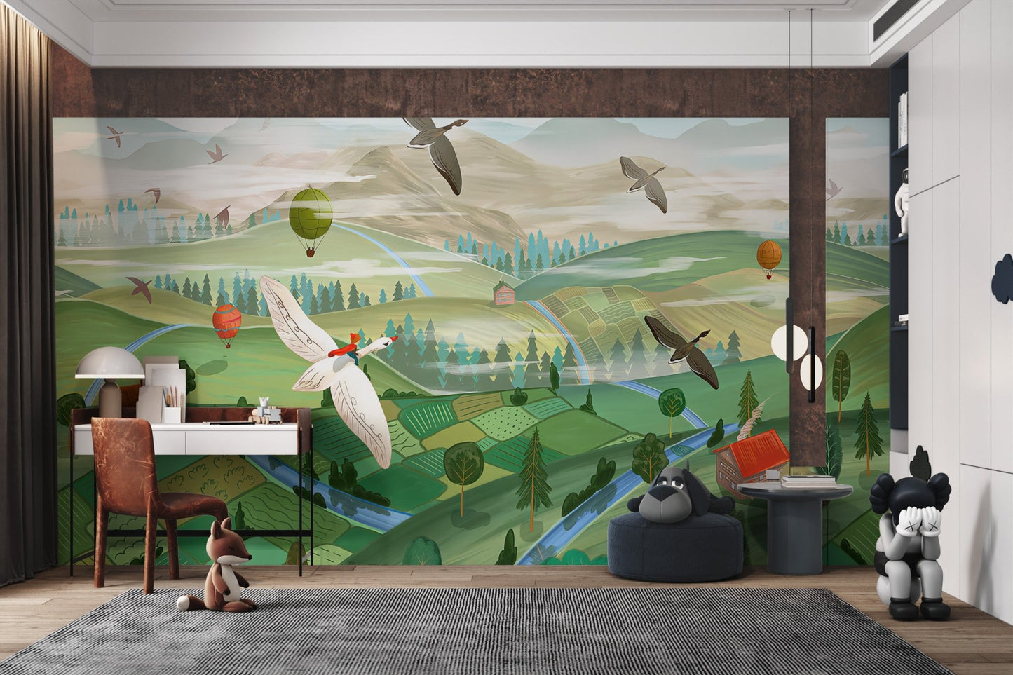 Green hills and flying birds wall mural for a playful study space.