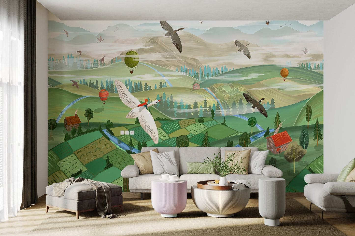 Colorful illustrated valley landscape wall mural for bright living room styling.