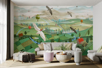 Colorful illustrated valley landscape wall mural for bright living room styling.
