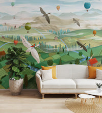 Lush valley landscape mural with flowing rivers and scattered trees.