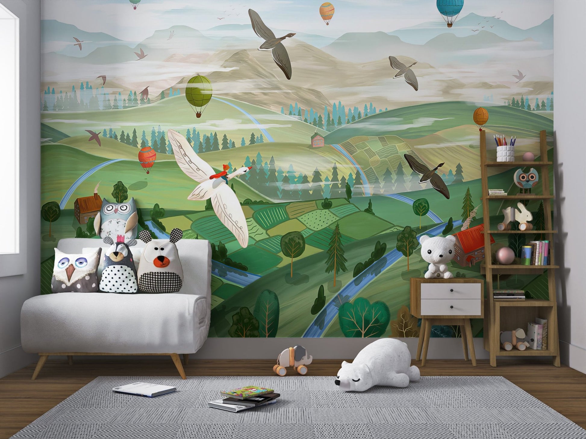 Illustrated mountain and river landscape wall mural for nursery decor