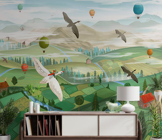 Flying Birds Over Valley Wall Mural featuring a whimsical landscape