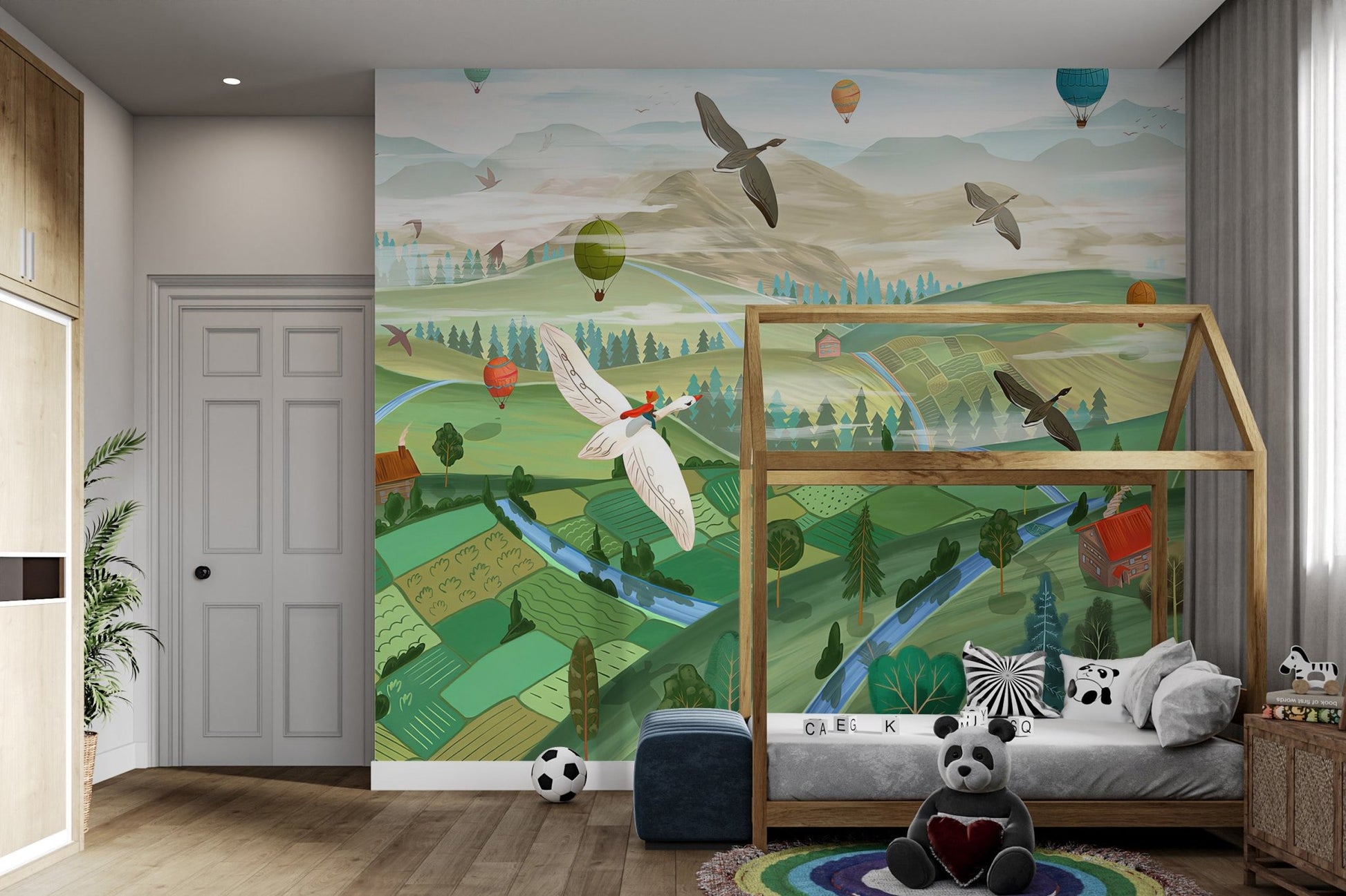 Whimsical valley landscape wall mural with hot air balloons for bedroom