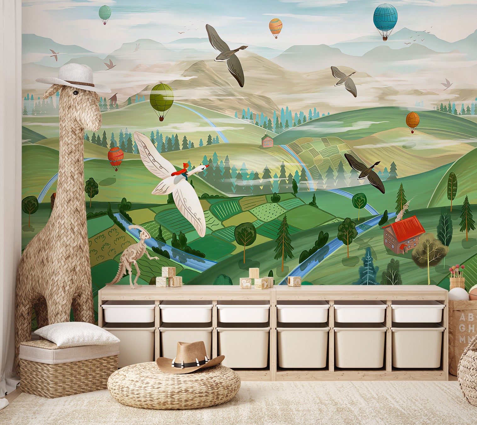 Flying Birds Over Valley Wall Mural in green and blue for kids room