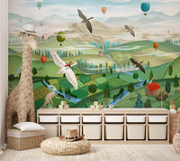 Flying Birds Over Valley Wall Mural in green and blue for kids room