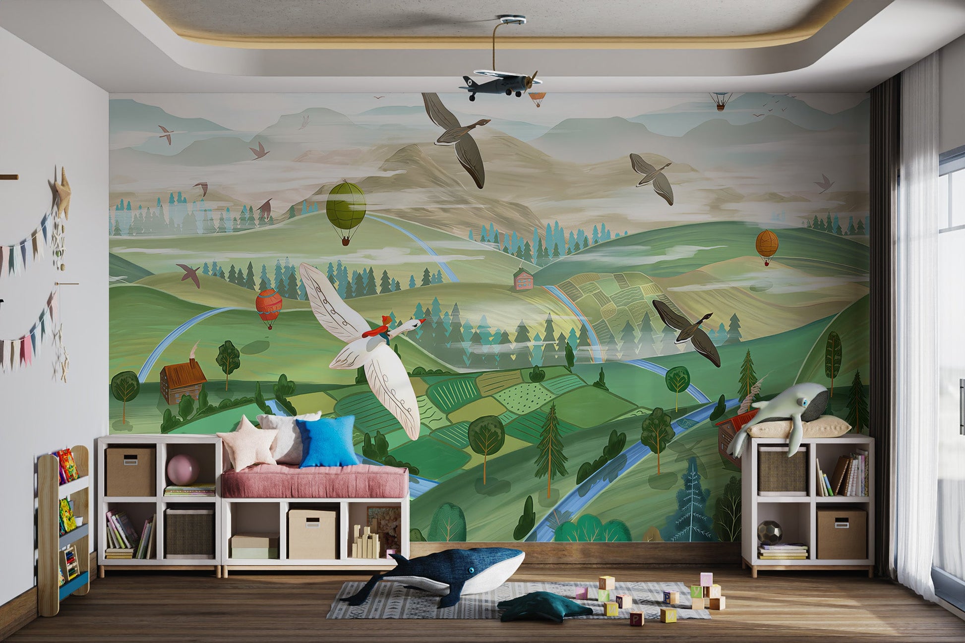 Colorful valley mural featuring flowing rivers, green pastures for playroom.