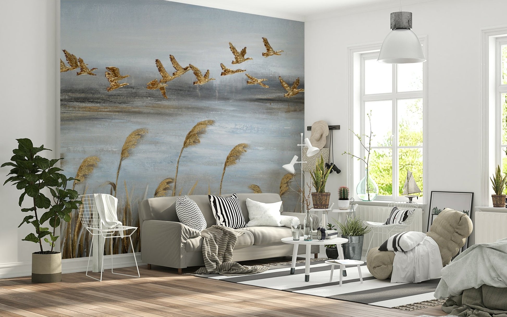 Flying Flock with Gold Leaf Wall Mural - Wallanza