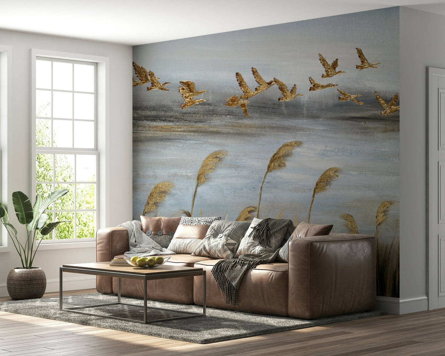Flying Flock with Gold Leaf Wall Mural - Wallanza