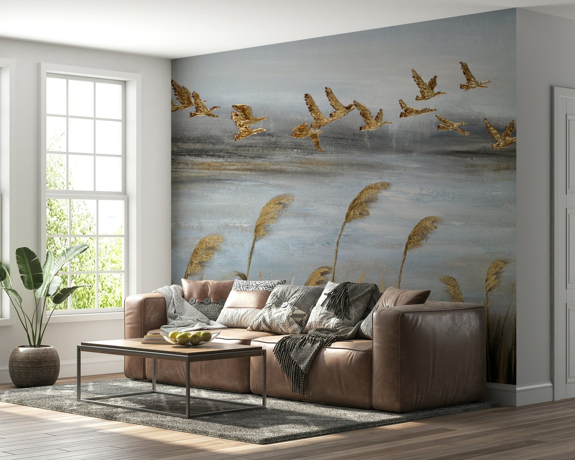 Flying Flock with Gold Leaf Wall Mural - Wallanza