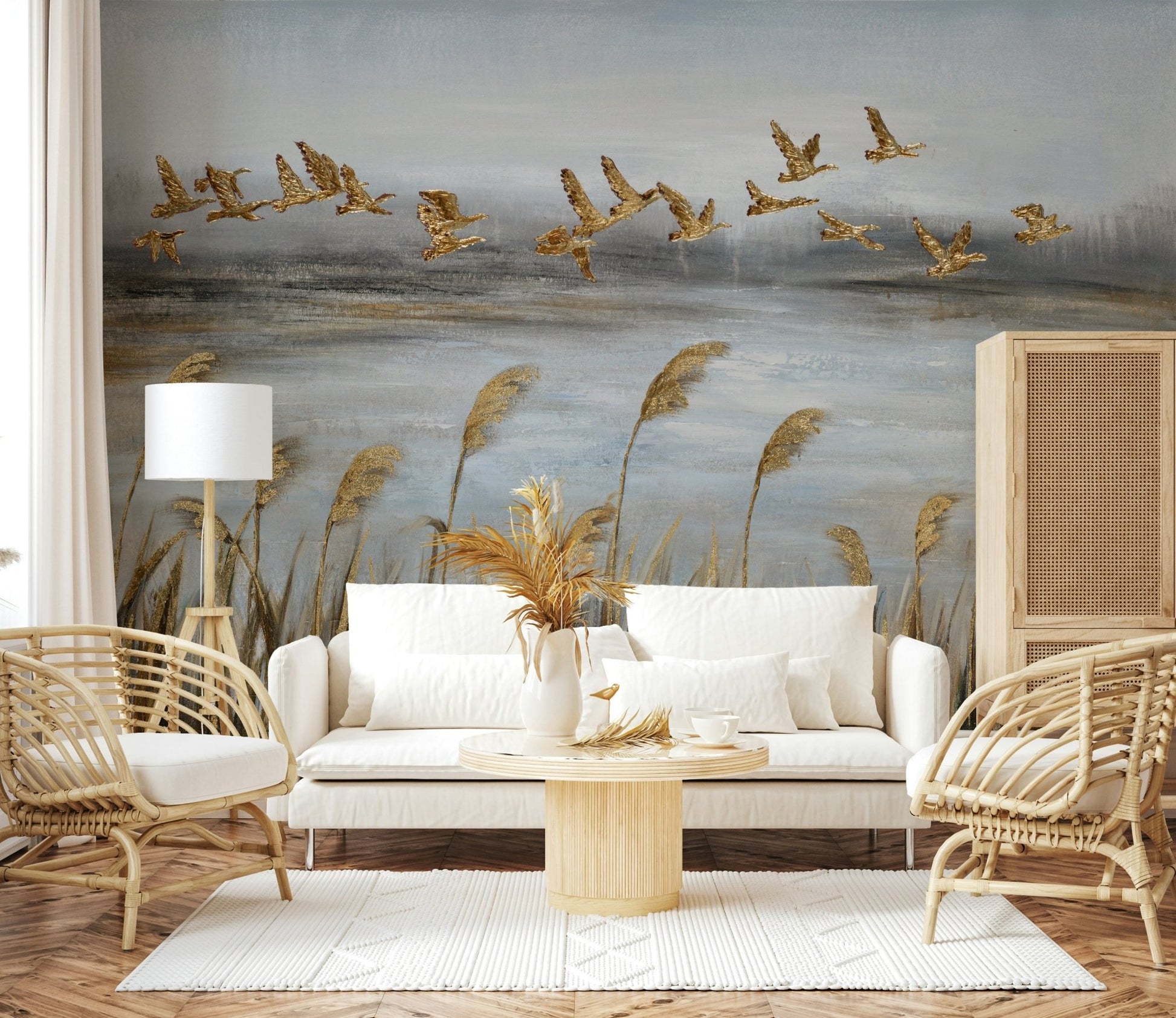 Flying Flock with Gold Leaf Wall Mural - Wallanza