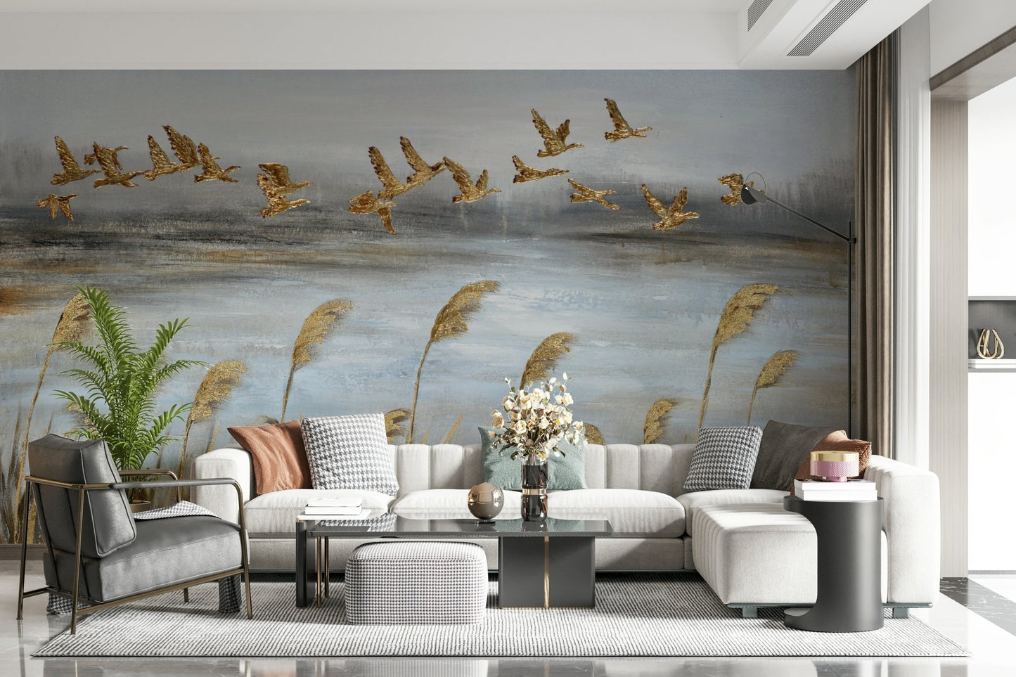 Flying Flock with Gold Leaf Wall Mural - Wallanza