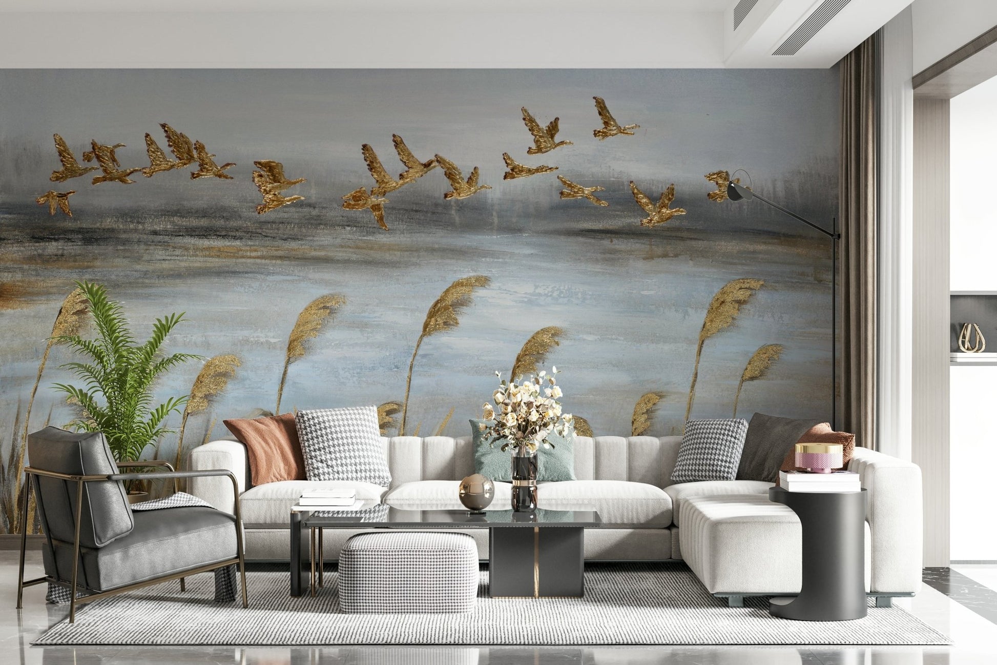 Flying Flock with Gold Leaf Wall Mural - Wallanza