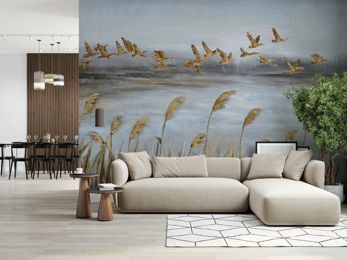 Flying Flock with Gold Leaf Wall Mural - Wallanza