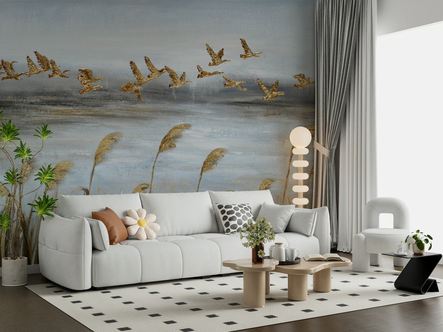 Flying Flock with Gold Leaf Wall Mural - Wallanza