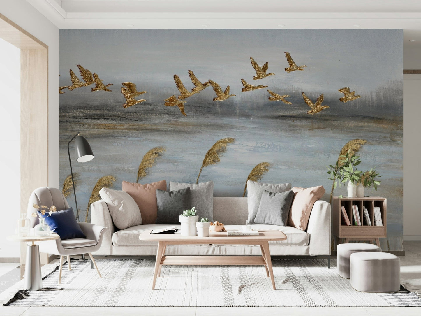 Flying Flock with Gold Leaf Wall Mural - Wallanza