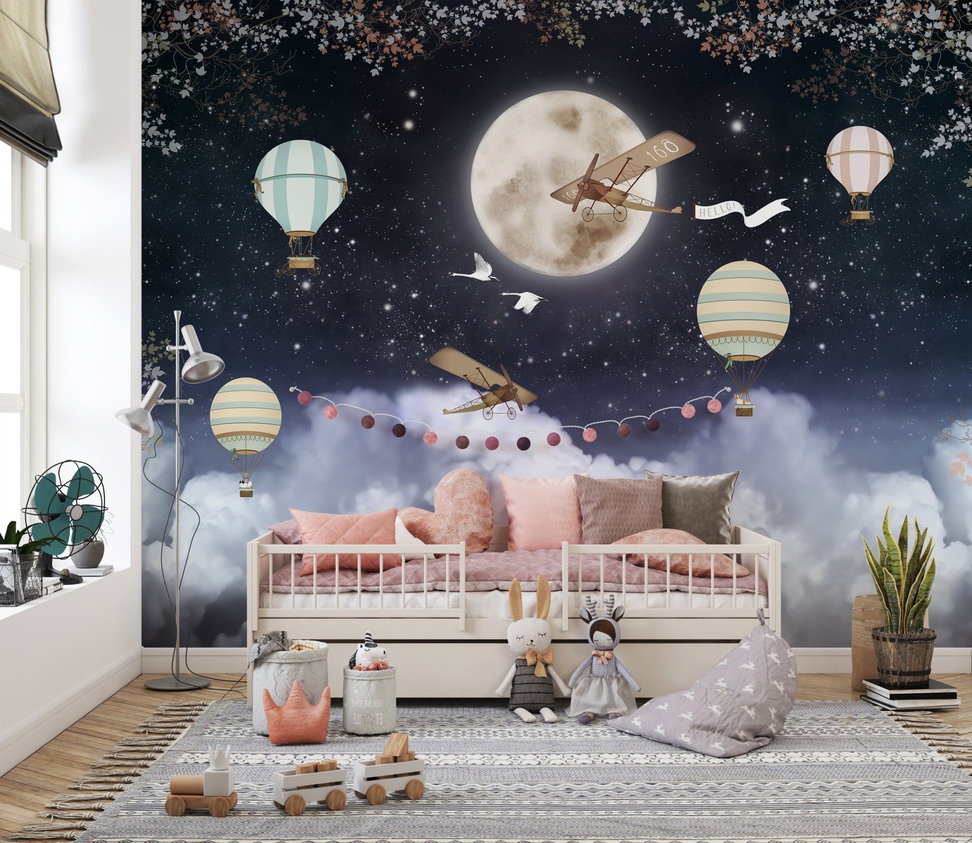 Flying Plane Over Dark Night Kids mural in playroom with white daybed and rug.