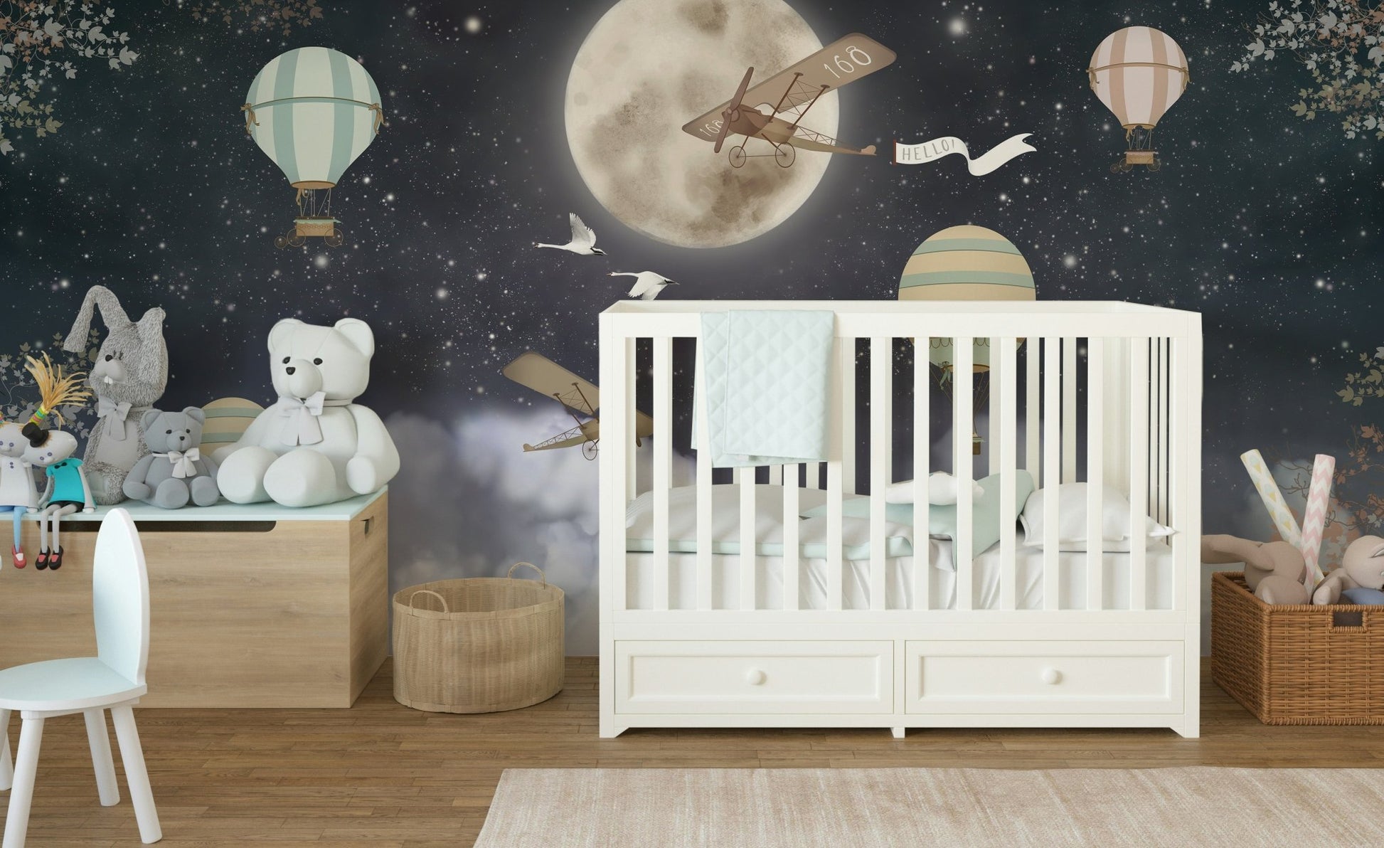 Nursery wall mural showing white crib against dark night sky with moon and balloons.