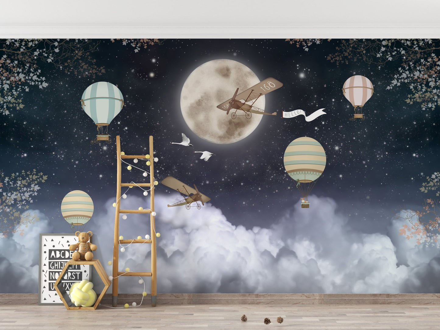 Playroom wall decor with wooden ladder and vintage plane mural.