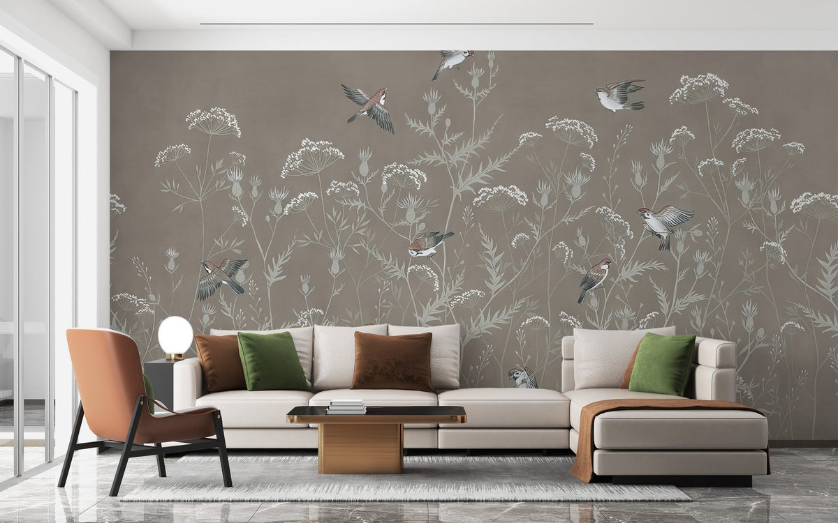 Modern botanical wallpaper mural with small flying birds.