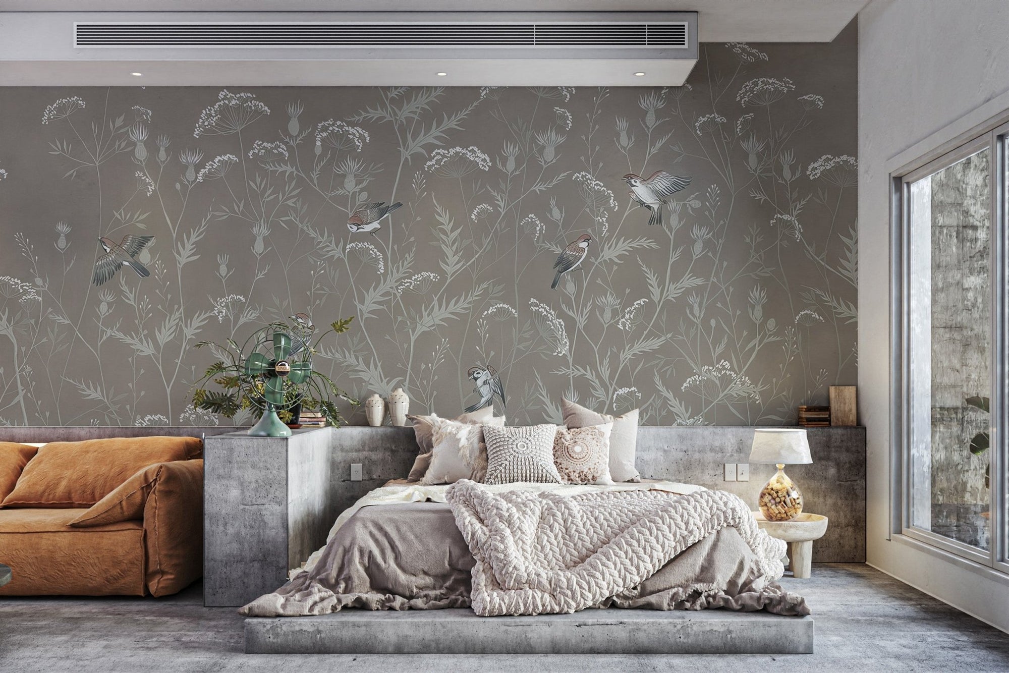 Flying sparrows wallpaper mural with taupe botanical wall decor.