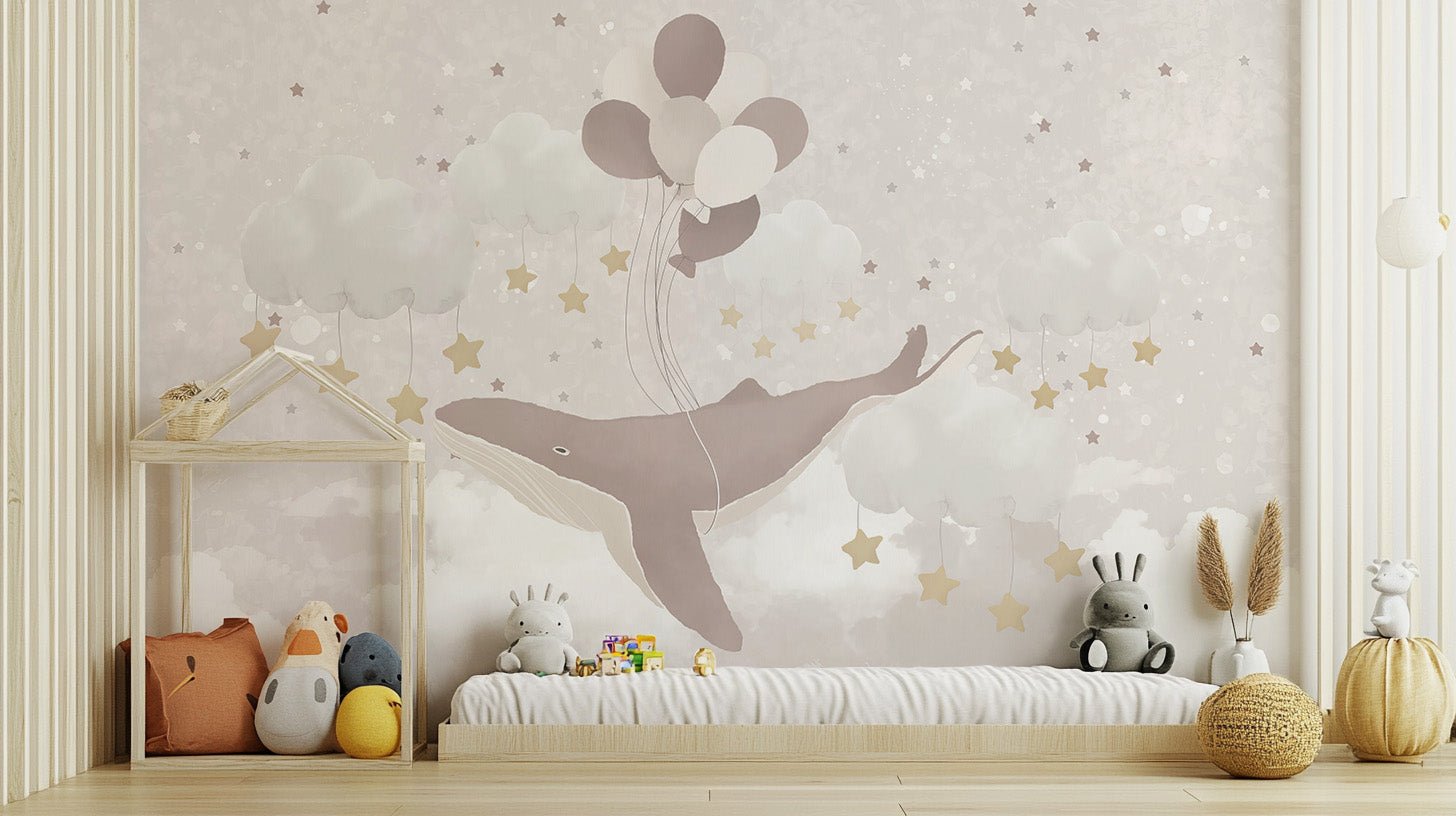 Watercolor cloud and whale wallpaper wall mural artwork.