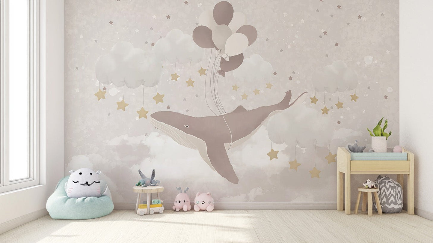 Scandinavian style whale wallpaper wall mural in light color.
