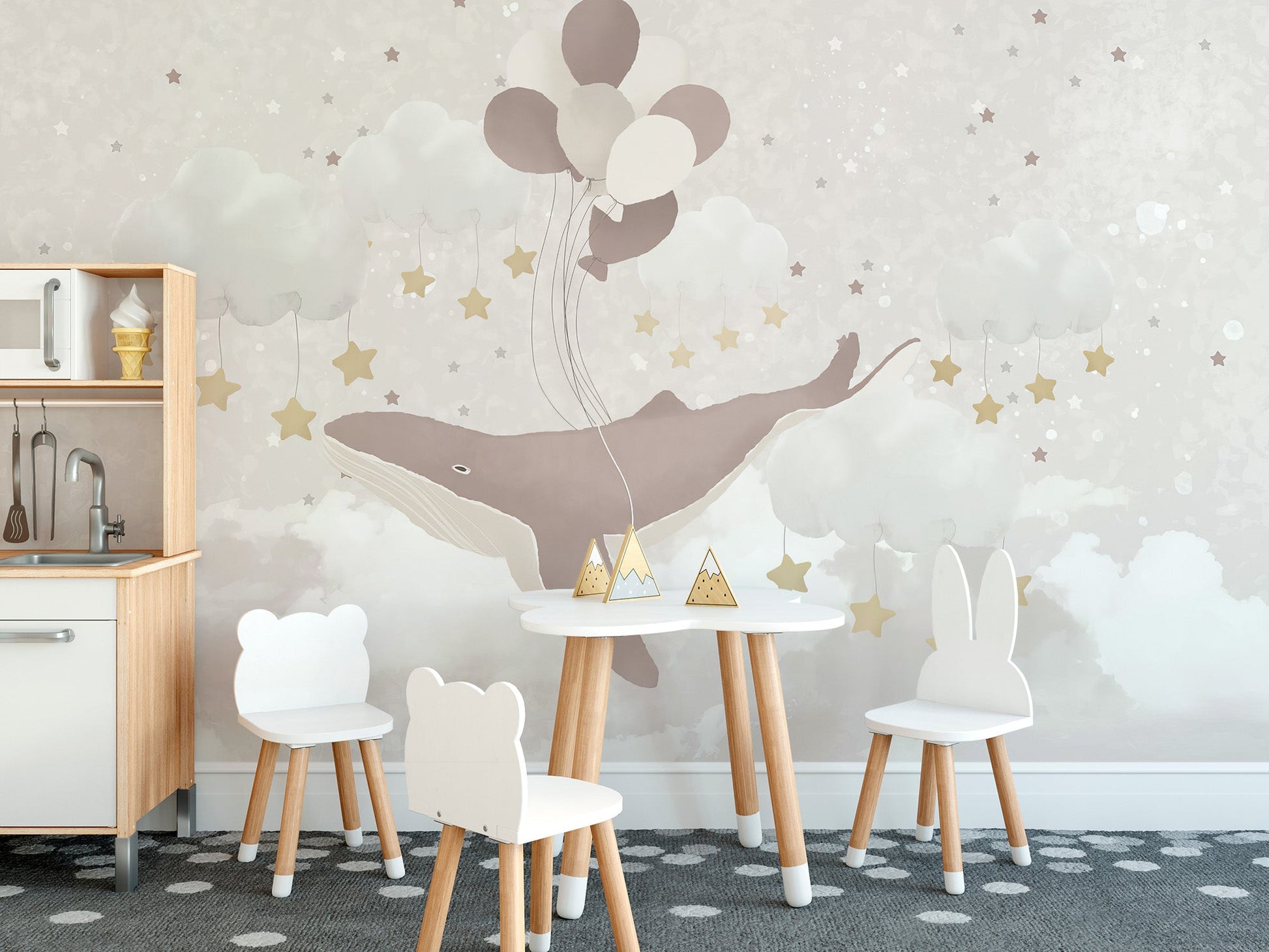 Flying whale nursery wall mural sky wallpaper with pastel clouds.