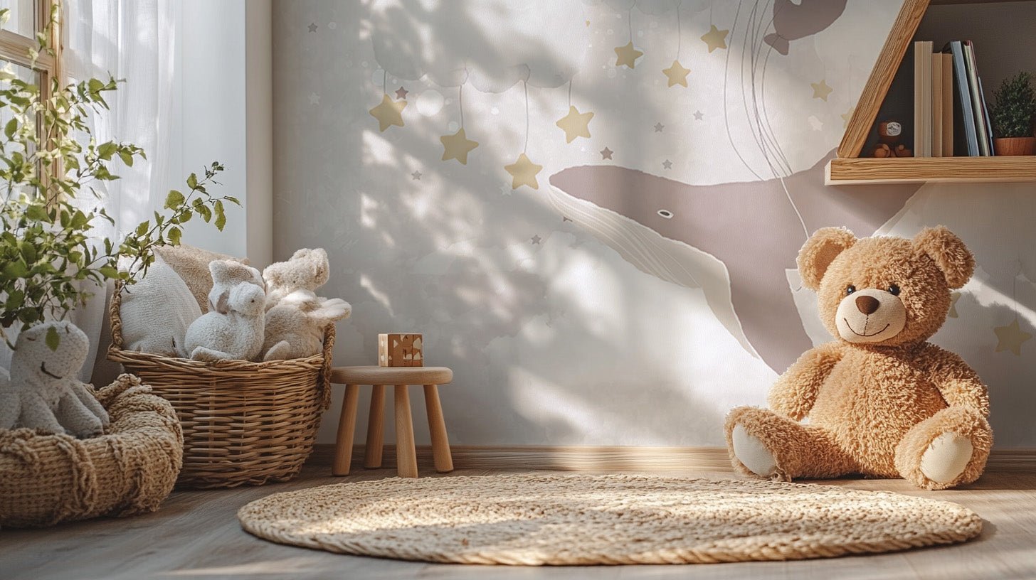 Celestial sky whale wallpaper wall mural with balloon accents.