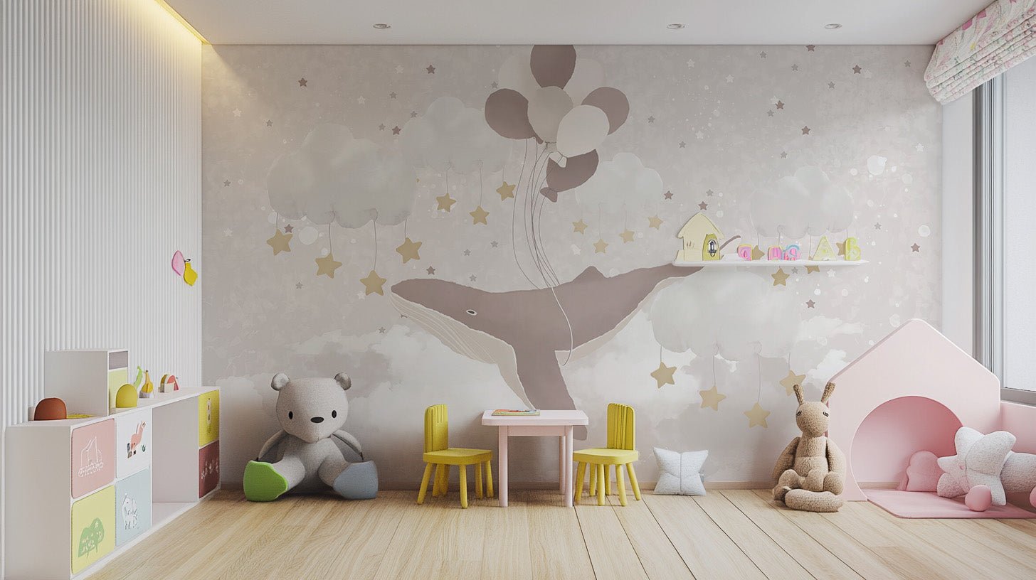 Gentle nursery whale wallpaper wall mural in muted tones.