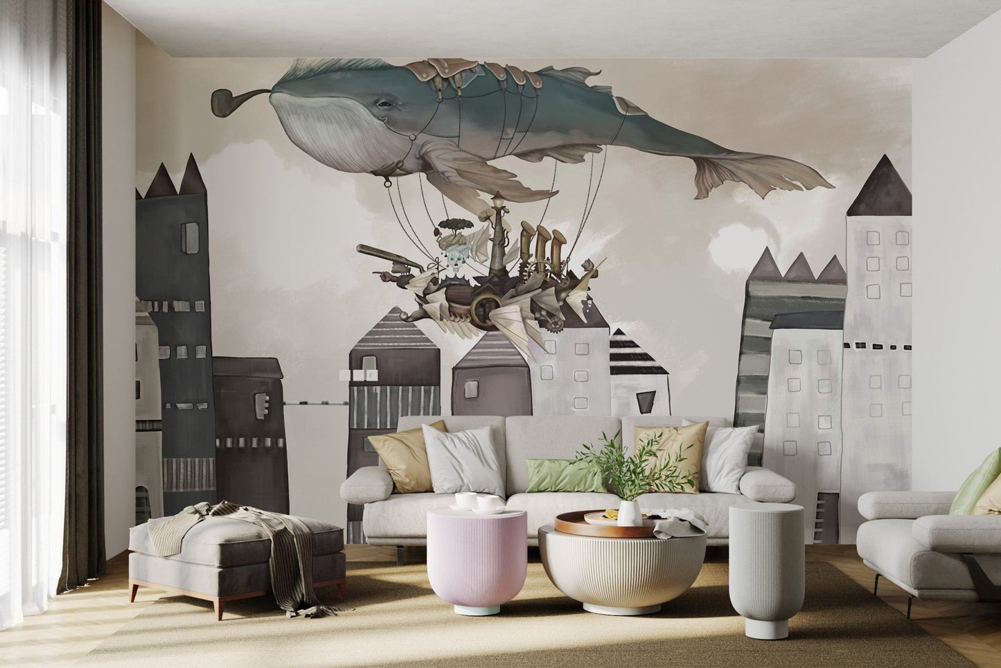 Vintage ship and flying whale mural for bright living space.