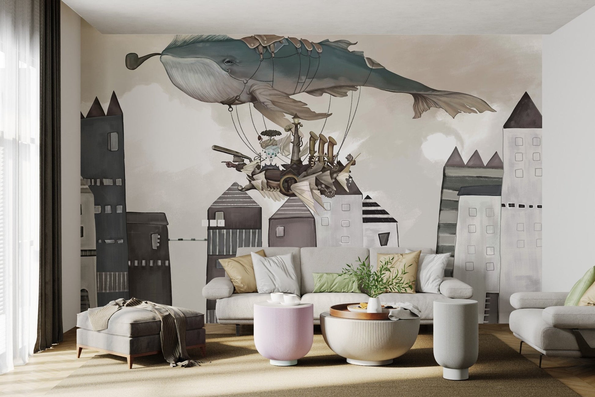 Vintage ship and flying whale mural for bright living space.