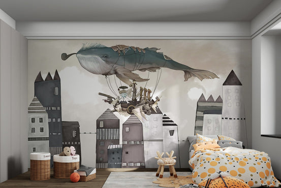 Fantasy flying ship and whale mural with grey and sepia tones in kids room.