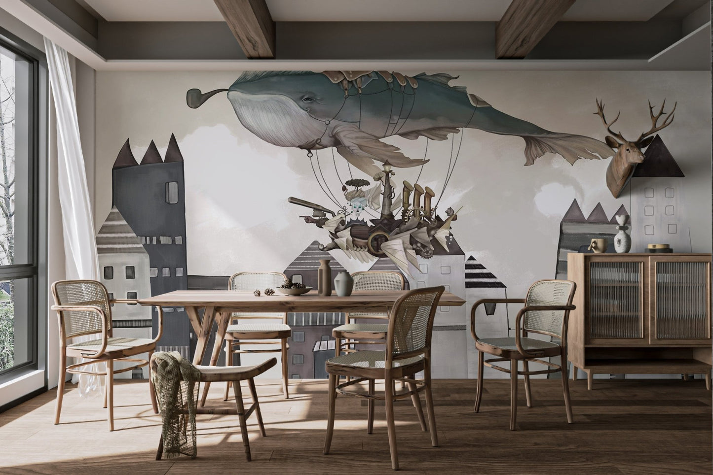 Flying whale thief and ship-themed wall mural in modern dining room.