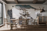 Flying whale thief and ship-themed wall mural in modern dining room.