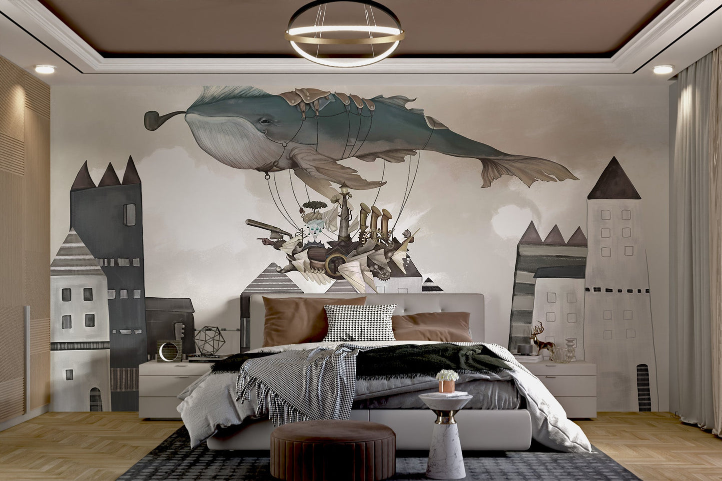 Unique wall mural featuring a flying whale and ship for large bedroom.