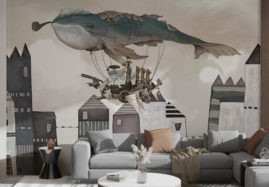 Flying whale with vintage ship wall mural in living room.