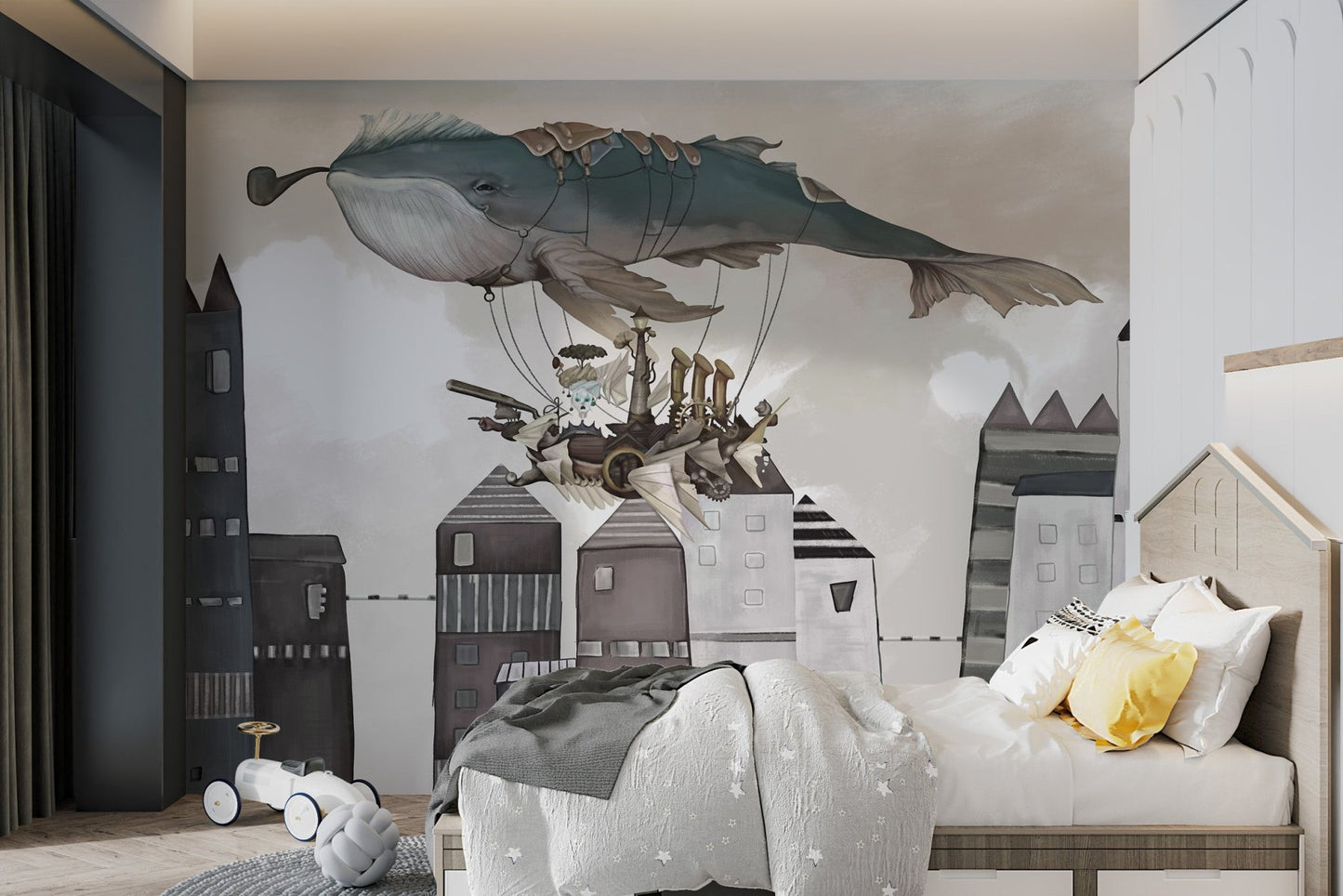 Storybook style whale airship wall mural for a bedroom.