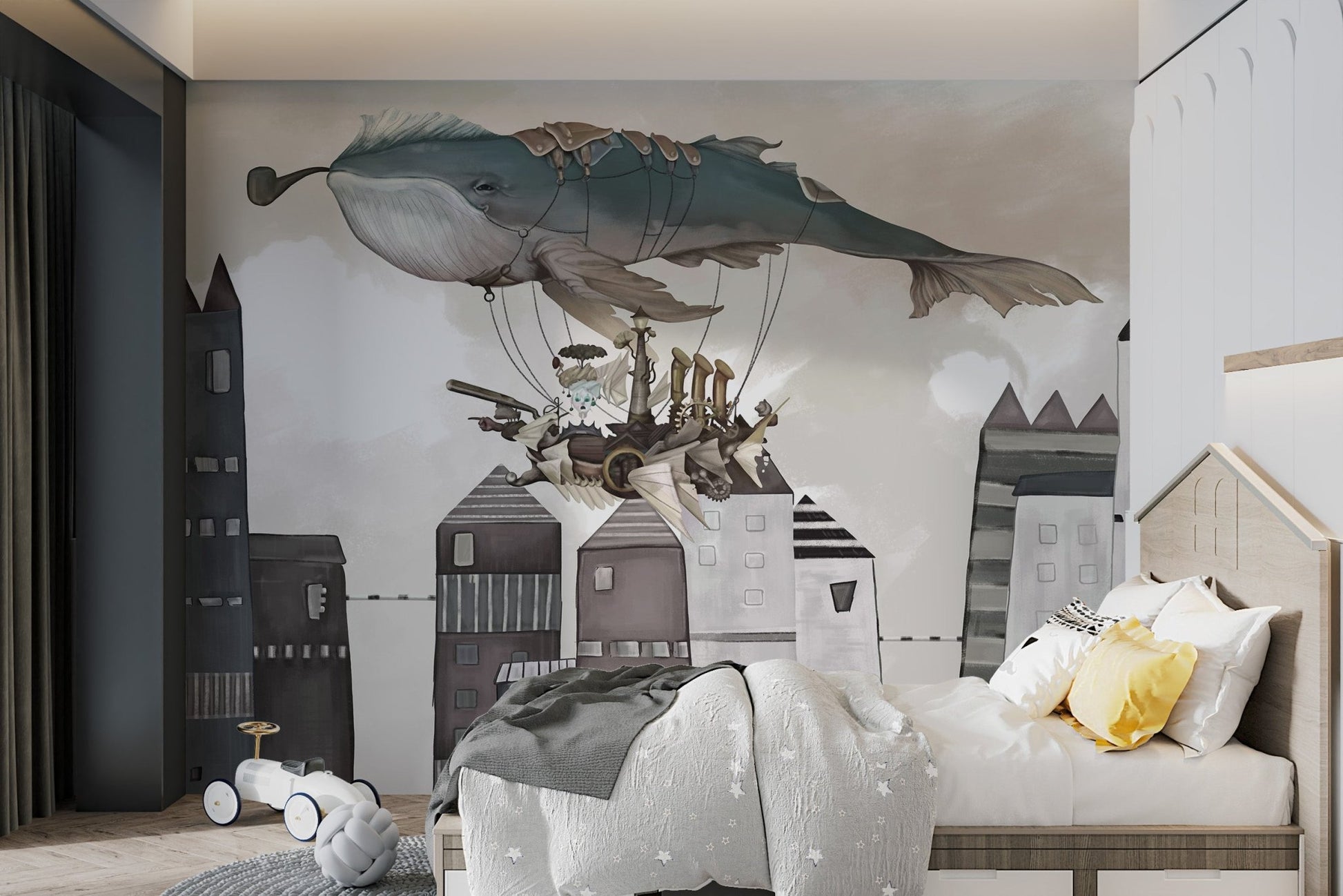 Storybook style whale airship wall mural for a bedroom.