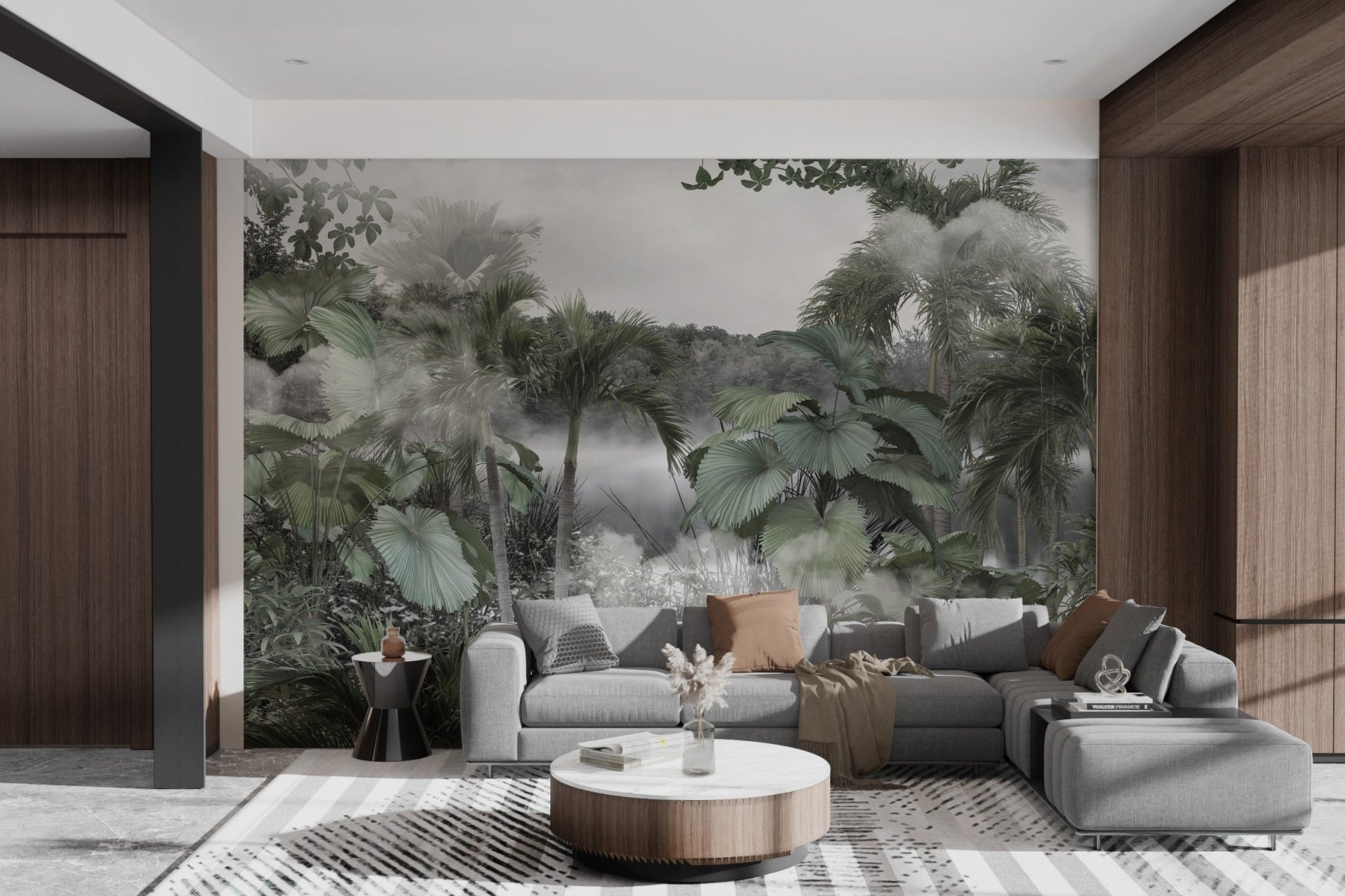 Foggy Forest Licuala Cordata wall mural in bright living room.