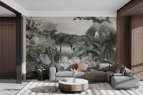 Foggy Forest Licuala Cordata wall mural in bright living room.