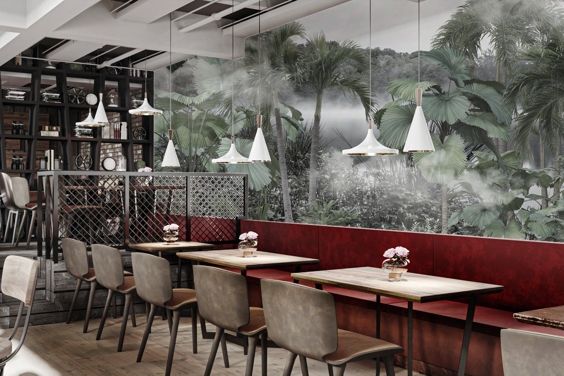 Foggy Forest Licuala Cordata tropical wall mural for a hotel lobby.