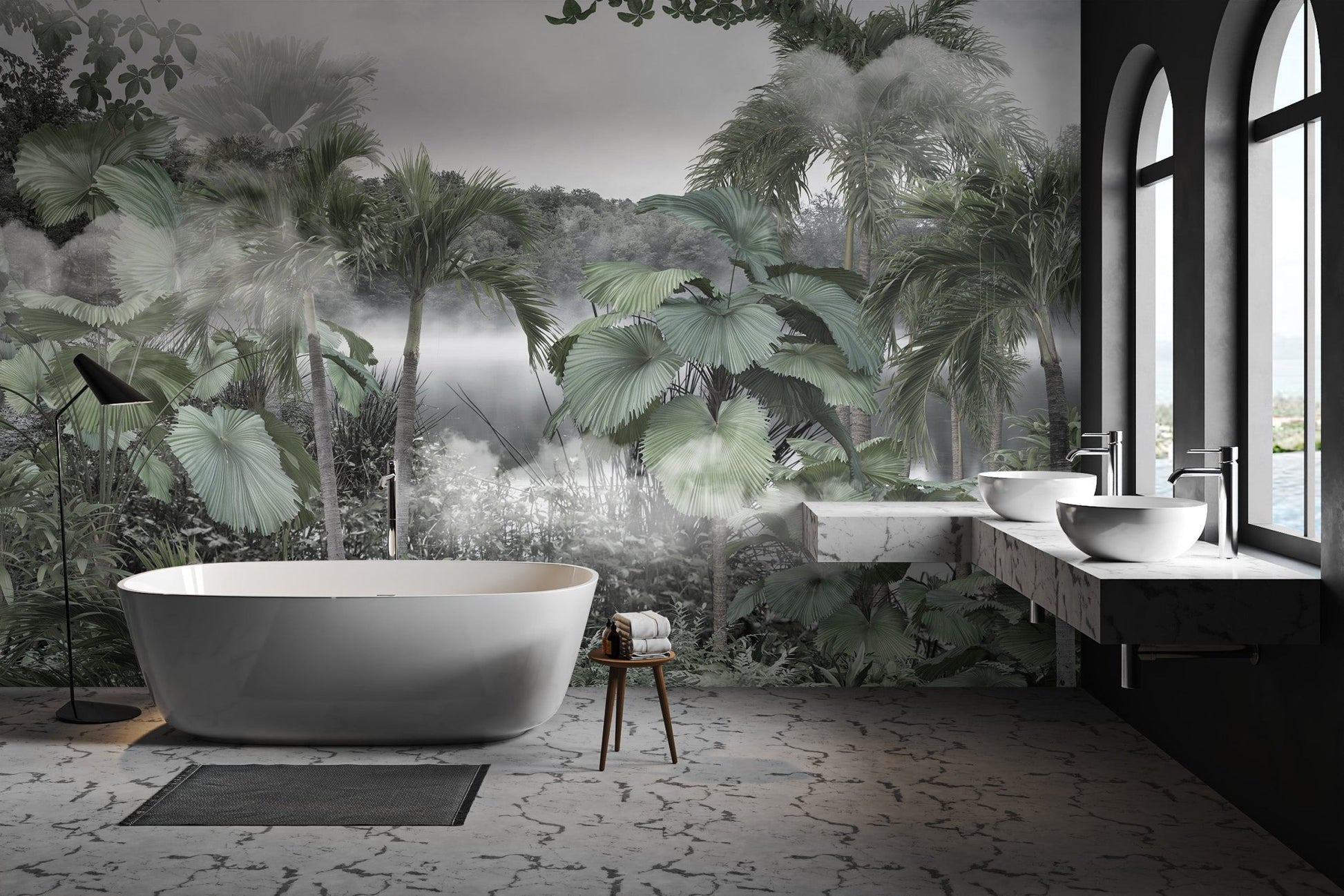 Serene misty forest with tropical foliage wall mural in modern bathroom.