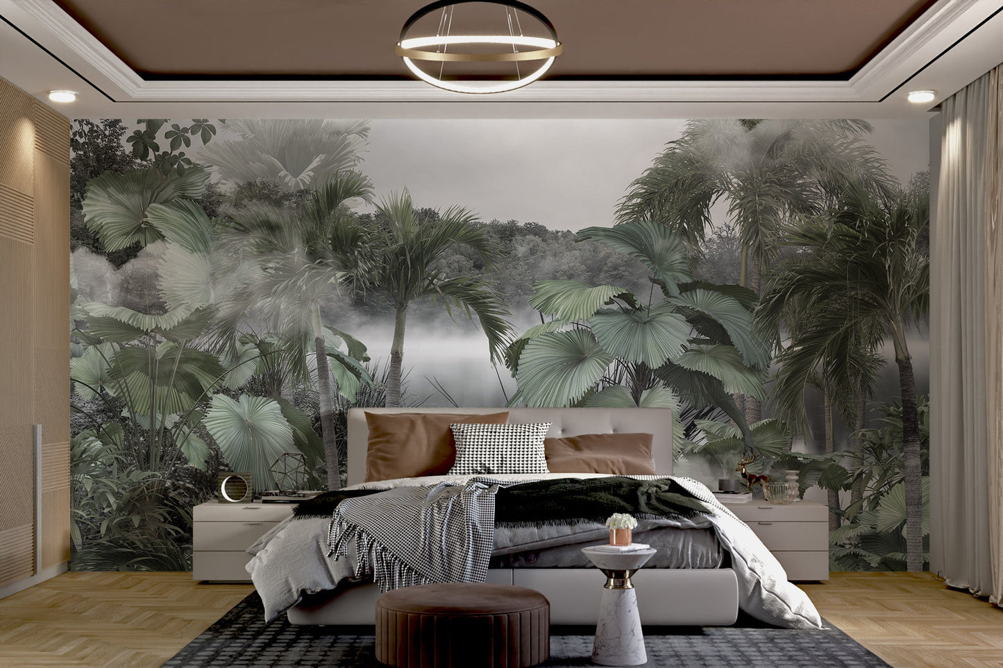 Nature-inspired tropical foggy forest wall mural in large bedroom.
