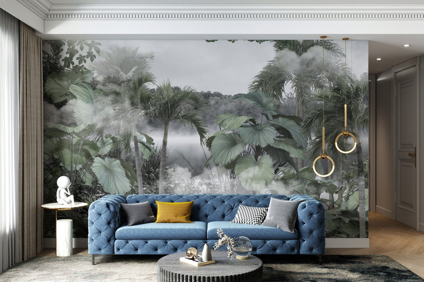 Misty tropical forest wall mural for serene living room interiors.
